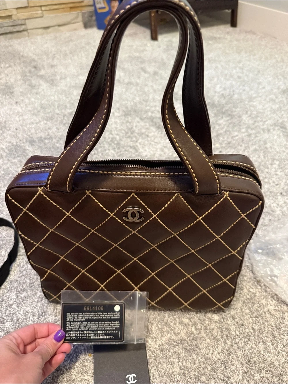 CHANEL Brown Quilted Leather Satchel with Contrast Stitching